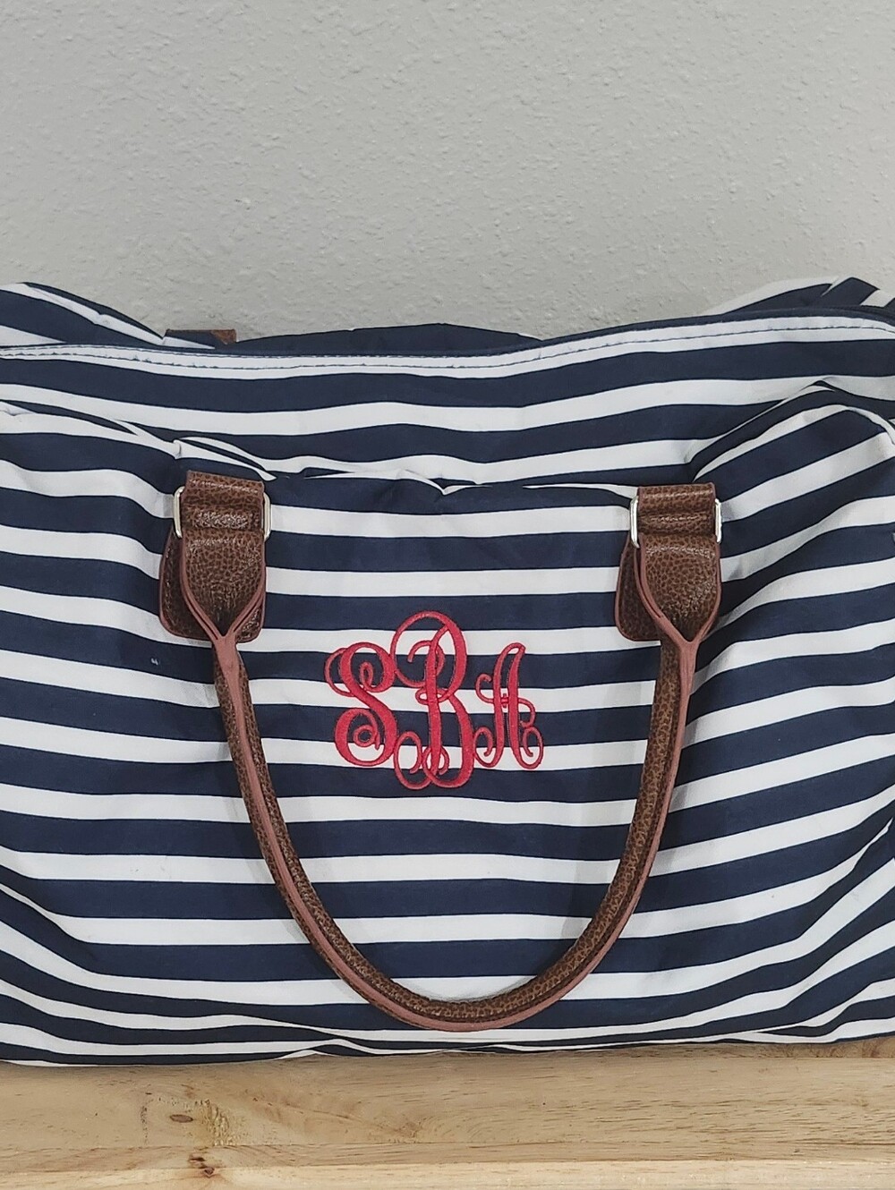 Navy and White Striped Tote with Brown Handles and Red Monogram